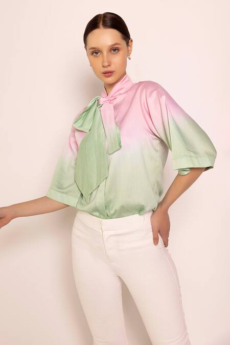 Buy Shimona Pink Cotton Satin Tie-up Front Bow Shirt Online at Aza Fashions Buy_Shimona_Pink Cotton Satin Tie-up Front Bow Shirt _Online_at_Aza_Fashions