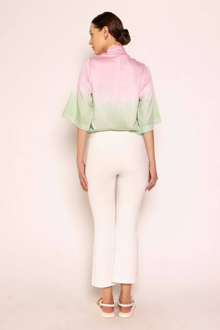 Shop Shimona Pink Cotton Satin Tie-up Front Bow Shirt at Aza Fashions Shop_Shimona_Pink Cotton Satin Tie-up Front Bow Shirt _at_Aza_Fashions