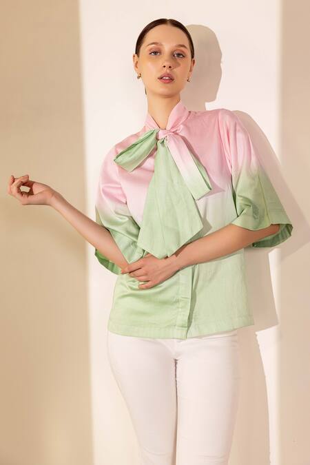 Shop Shimona Pink Cotton Satin Tie-up Front Bow Shirt Online at Aza Fashions Shop_Shimona_Pink Cotton Satin Tie-up Front Bow Shirt _Online_at_Aza_Fashions