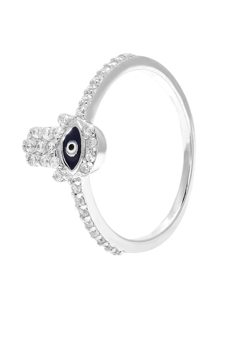 Buy_Curio Cottage_Blue Crystals Cubic Zircon Studded Hamsa Ring_Online_at_Aza_Fashions