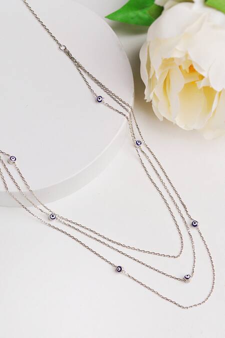 Shop Curio Cottage Silver Plated Beaded Evil Eye Three Layered Chain Necklace at Aza Fashions Shop_Curio Cottage_Silver Plated Beaded Evil Eye Three Layered Chain Necklace_at_Aza_Fashions
