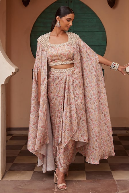 Nidhika Shekhar Beige Cotton Embroidery, Jashan E Bahar Paisley Print Cape Dhoti Skirt Set at Aza Fashions Nidhika Shekhar_Beige Cotton Embroidery, Jashan E Bahar Paisley Print Cape Dhoti Skirt Set _at_Aza_Fashions