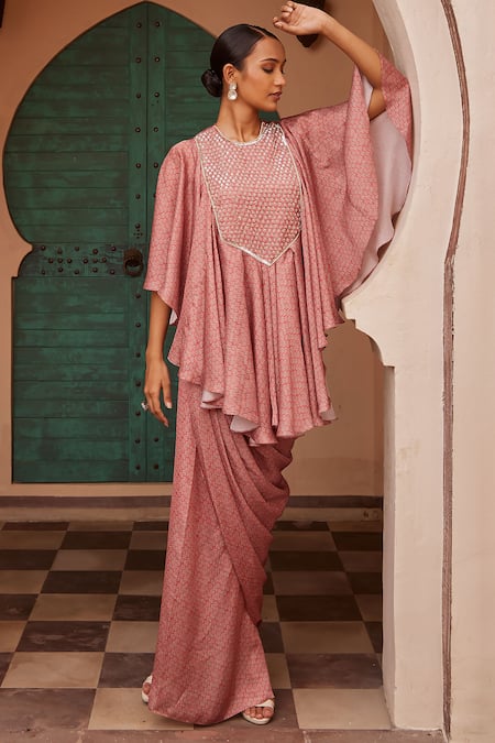 Nidhika Shekhar_Pink Linen Sequins Round Neck Printed Draped Kurta And Cowl Skirt Set _at_Aza_Fashions