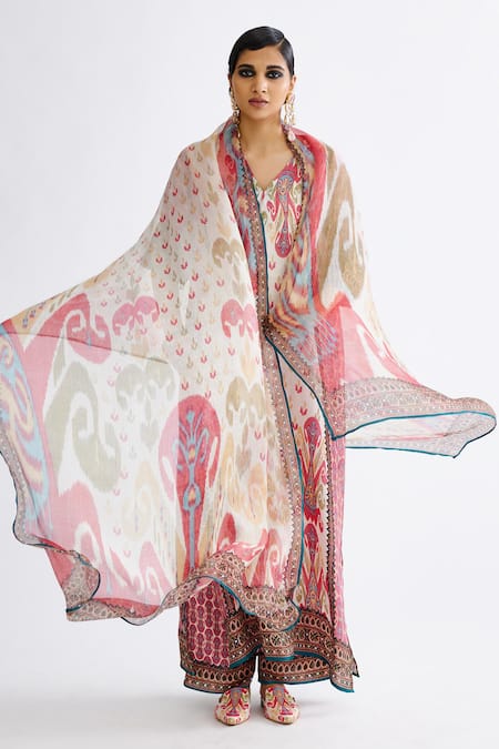 Buy_Rajdeep Ranawat_Multi Color Silk Embroidery V-neck Banera Abstract Print Tunic With Pant