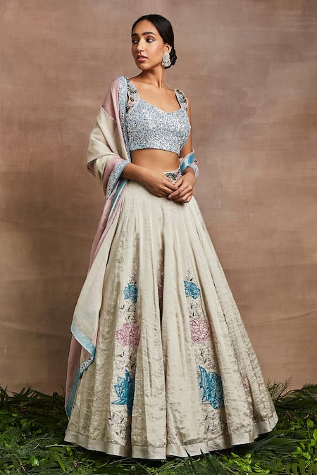 Shop Blue and Grey Net Lehenga Online in USA with Silver Embroidery – Pure  Elegance