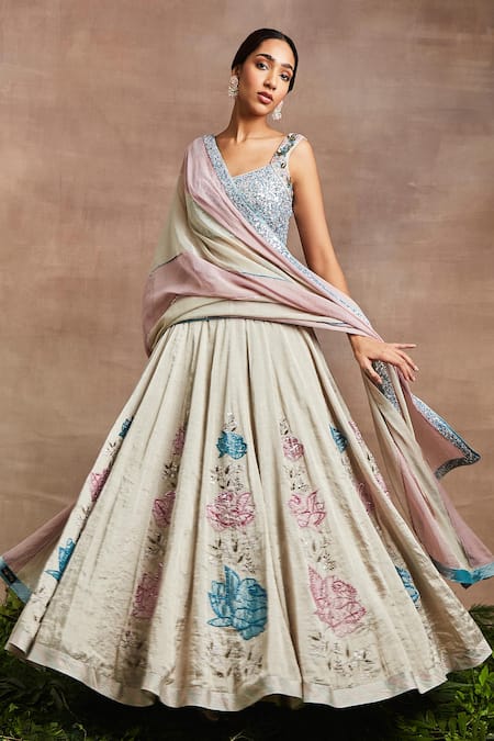 Sue Mue Silver Brocade, Cotton, Silk Sequins, Embroidery Gul Hand Blouse Lehenga Set at Aza Fashions Sue Mue_Silver Brocade, Cotton, Silk Sequins, Embroidery Gul Hand Blouse Lehenga Set _at_Aza_Fashions