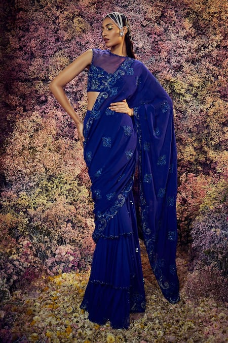 Shilpi Gupta_Blue Neptune Embroidered Pre-draped Skirt Saree With Blouse _Online_at_Aza_Fashions
