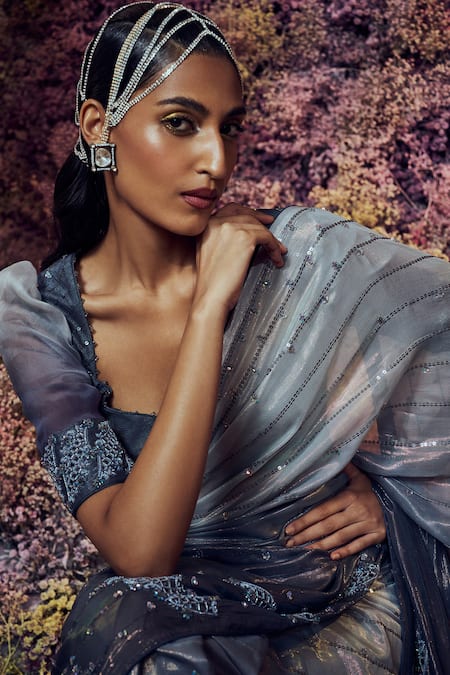 Shop Shilpi Gupta Gray Saree Lurex Georgette Embroidered Sequins Sweetheart Grey And Blouse Set Online at Aza Fashions Shop_Shilpi Gupta_Gray Saree Lurex Georgette Embroidered Sequins Sweetheart Grey And Blouse Set _Online_at_Aza_Fashions