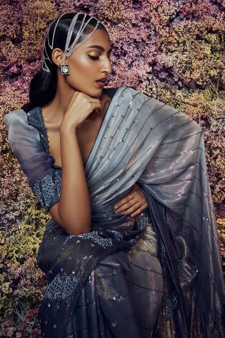 Shilpi Gupta Gray Saree Lurex Georgette Embroidered Sequins Sweetheart Grey And Blouse Set at Aza Fashions Shilpi Gupta_Gray Saree Lurex Georgette Embroidered Sequins Sweetheart Grey And Blouse Set _at_Aza_Fashions