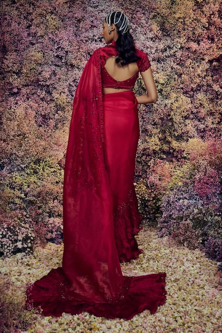 Shop_Shilpi Gupta_Venus Border Embroidered Ruffle Saree With Blouse _at_Aza_Fashions