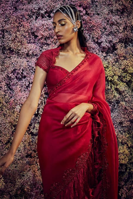Shilpi Gupta_Venus Border Embroidered Ruffle Saree With Blouse _Online_at_Aza_Fashions