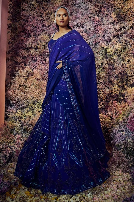 Shilpi Gupta Blue Malin Embroidered Pre-draped Skirt Saree With Blouse Online at Aza Fashions Shilpi Gupta_Blue Malin Embroidered Pre-draped Skirt Saree With Blouse _Online_at_Aza_Fashions