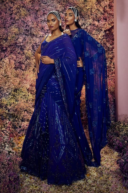 Shop Shilpi Gupta Blue Malin Embroidered Pre-draped Skirt Saree With Blouse Online at Aza Fashions Shop_Shilpi Gupta_Blue Malin Embroidered Pre-draped Skirt Saree With Blouse _Online_at_Aza_Fashions