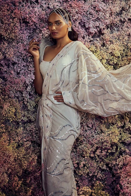 Shilpi Gupta_White Pluto Embroidered Pre-draped Skirt Saree With Blouse _Online_at_Aza_Fashions