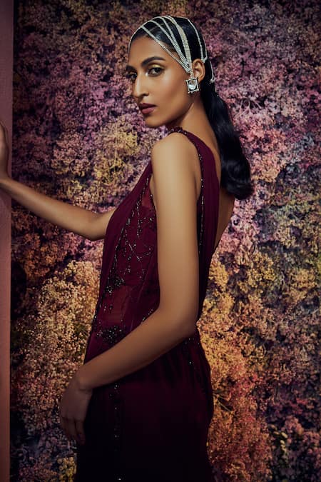 Shilpi Gupta_Maroon Mayall Embroidered Trumpet-shaped Saree Gown _Online_at_Aza_Fashions