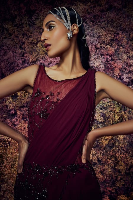 Buy_Shilpi Gupta_Maroon Mayall Embroidered Trumpet-shaped Saree Gown _Online_at_Aza_Fashions