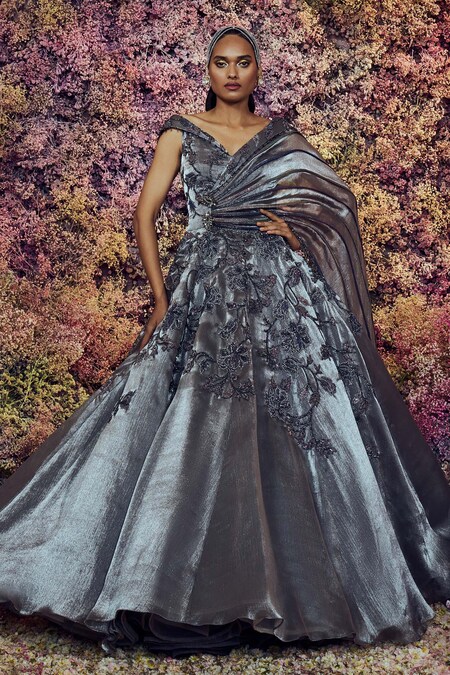 Shilpi Gupta Grey Metallic Organza Applique Embroidered Mercury Flared Saree Gown 
