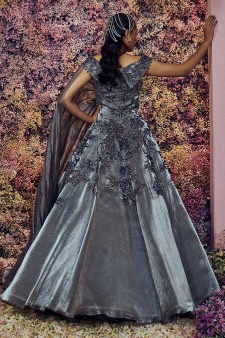 Shilpi Gupta Grey Cutdana Applique Saree Gown 