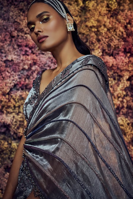 Buy_Shilpi Gupta_Gray Metallic Organza Applique Embroidered Sequins V Grey Cutdana Saree Gown _Online_at_Aza_Fashions
