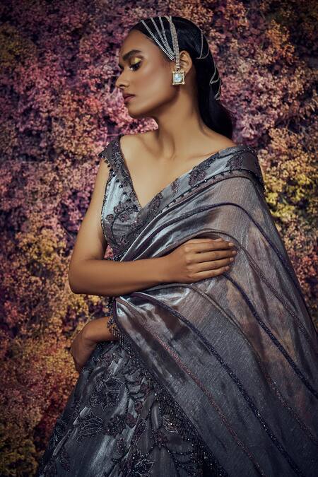 Shop_Shilpi Gupta_Gray Metallic Organza Applique Embroidered Sequins V Grey Cutdana Saree Gown _Online_at_Aza_Fashions