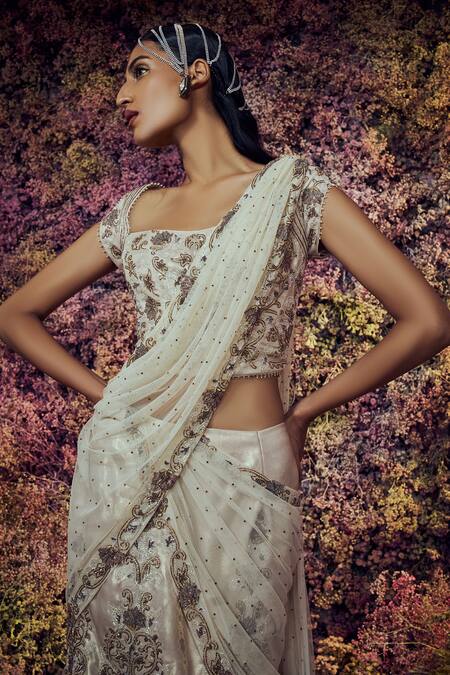 Shop Shilpi Gupta Gold Saturn Embroidered Pre-draped Skirt Saree With Blouse Online at Aza Fashions Shop_Shilpi Gupta_Gold Saturn Embroidered Pre-draped Skirt Saree With Blouse _Online_at_Aza_Fashions