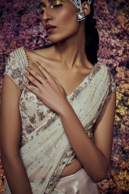 Shilpi Gupta Gold Saturn Embroidered Pre-draped Skirt Saree With Blouse at Aza Fashions Shilpi Gupta_Gold Saturn Embroidered Pre-draped Skirt Saree With Blouse _at_Aza_Fashions