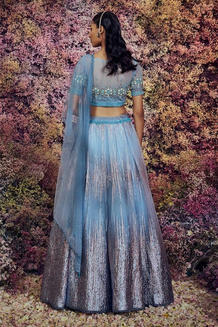 Shop Shilpi Gupta Blue Skirt Imported Organza Embroidered Crystals Round Welkin Blouse Set at Aza Fashions Shop_Shilpi Gupta_Blue Skirt Imported Organza Embroidered Crystals Round Welkin Blouse Set _at_Aza_Fashions