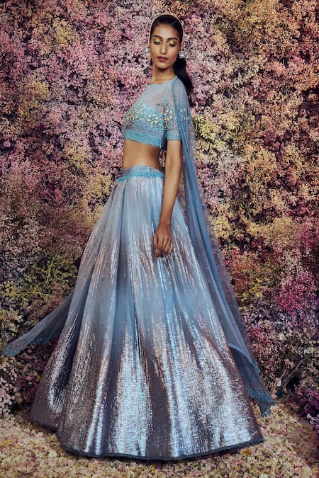 Shilpi Gupta Blue Skirt Imported Organza Embroidered Crystals Round Welkin Blouse Set Online at Aza Fashions Shilpi Gupta_Blue Skirt Imported Organza Embroidered Crystals Round Welkin Blouse Set _Online_at_Aza_Fashions
