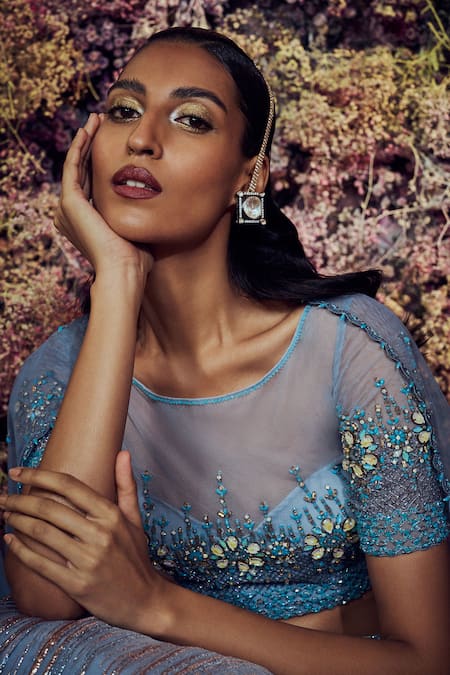 Buy Shilpi Gupta Blue Skirt Imported Organza Embroidered Crystals Round Welkin Blouse Set Online at Aza Fashions Buy_Shilpi Gupta_Blue Skirt Imported Organza Embroidered Crystals Round Welkin Blouse Set _Online_at_Aza_Fashions