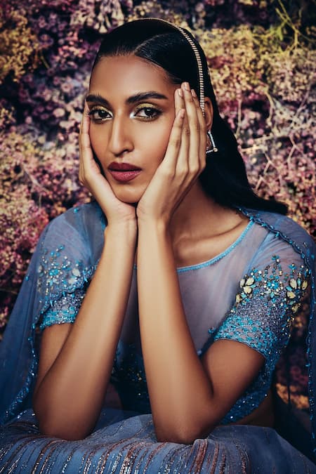 Shilpi Gupta Blue Skirt Imported Organza Embroidered Crystals Round Welkin Blouse Set at Aza Fashions Shilpi Gupta_Blue Skirt Imported Organza Embroidered Crystals Round Welkin Blouse Set _at_Aza_Fashions