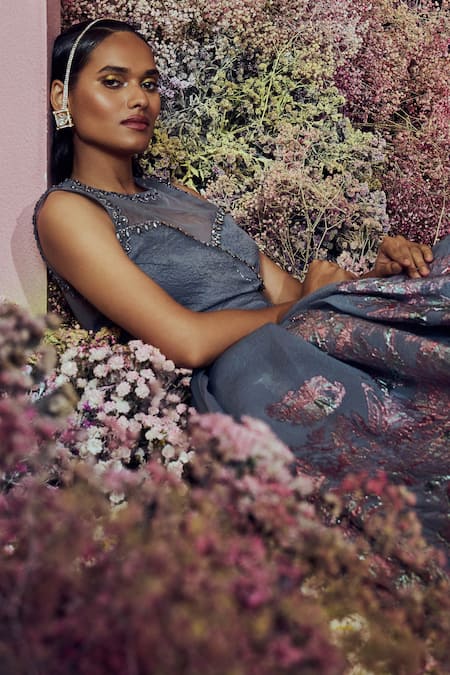 Shilpi Gupta_Grey Crushed Organza Embroidered Crystals High Neck Haze Gown _Online_at_Aza_Fashions
