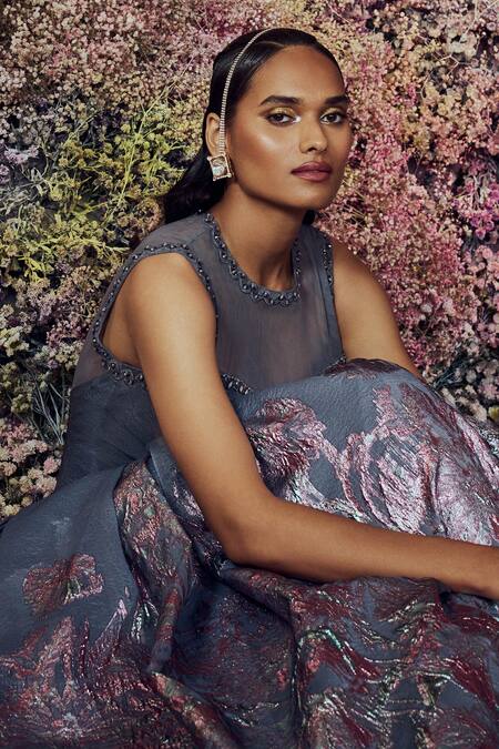 Buy_Shilpi Gupta_Grey Crushed Organza Embroidered Crystals High Neck Haze Gown _Online_at_Aza_Fashions
