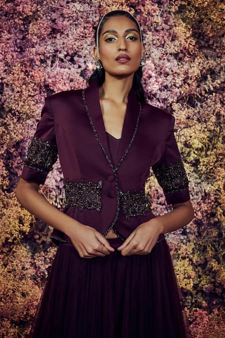 Buy_Shilpi Gupta_Purple Skirt Tulle Embroidered Crystals Blouse V Neck Mystery Jacket Set _Online_at_Aza_Fashions