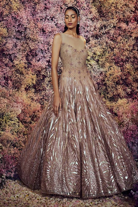 Shop Shilpi Gupta Peach Shimmer Tulle Embroidered Cutdana Round Glittz Gown at Aza Fashions Shop_Shilpi Gupta_Peach Shimmer Tulle Embroidered Cutdana Round Glittz Gown _at_Aza_Fashions