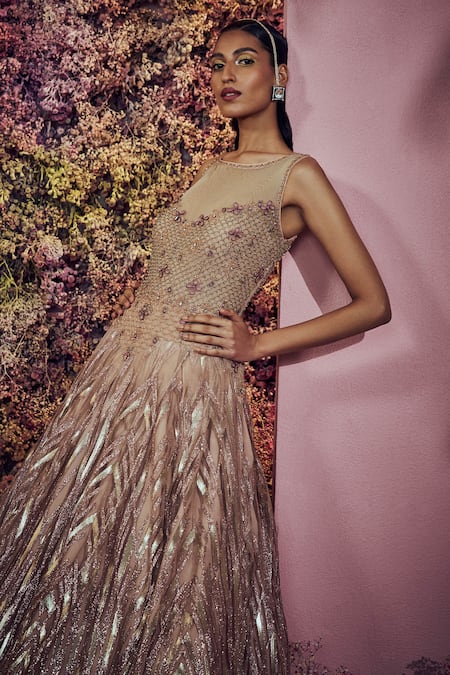 Shilpi Gupta Peach Shimmer Tulle Embroidered Cutdana Round Glittz Gown Online at Aza Fashions Shilpi Gupta_Peach Shimmer Tulle Embroidered Cutdana Round Glittz Gown _Online_at_Aza_Fashions