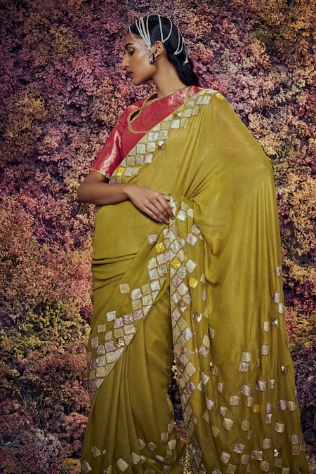 Shop_Shilpi Gupta_Green Paheli Embroidered Saree With Blouse _Online_at_Aza_Fashions