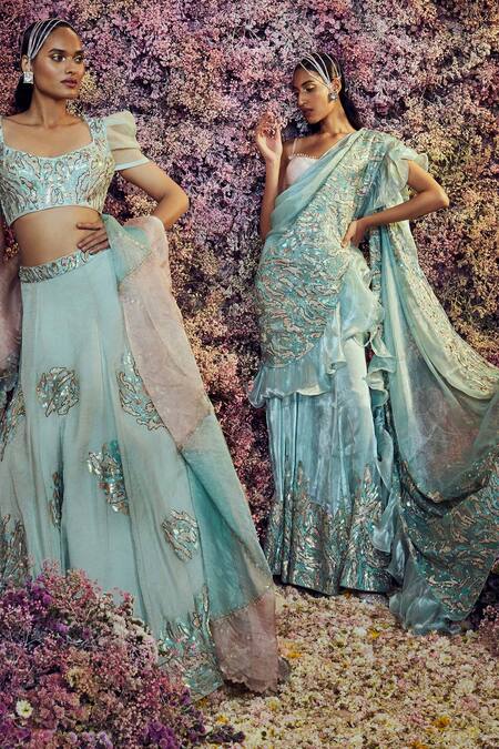 Shilpi Gupta Blue Neer Embroidered Ruffle Saree With Blouse Online at Aza Fashions Shilpi Gupta_Blue Neer Embroidered Ruffle Saree With Blouse _Online_at_Aza_Fashions