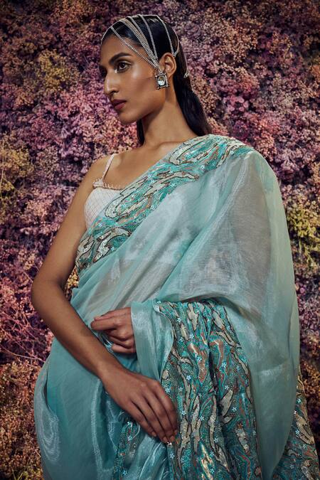 Buy Shilpi Gupta Blue Neer Embroidered Ruffle Saree With Blouse Online at Aza Fashions Buy_Shilpi Gupta_Blue Neer Embroidered Ruffle Saree With Blouse _Online_at_Aza_Fashions