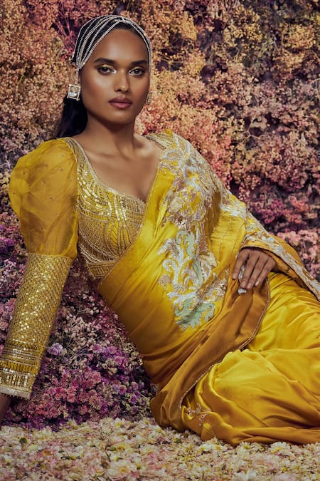Shop Shilpi Gupta Yellow Deeya Embroidered Saree With Blouse at Aza Fashions Shop_Shilpi Gupta_Yellow Deeya Embroidered Saree With Blouse _at_Aza_Fashions