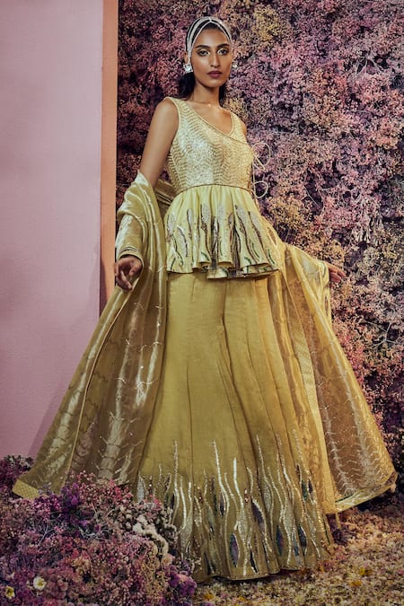 Buy_Shilpi Gupta_Yellow Kathputli Embroidered Peplum Sharara Set _Online_at_Aza_Fashions