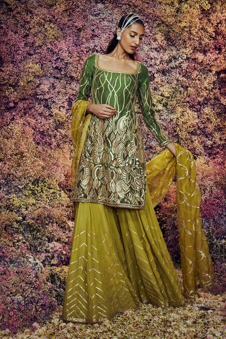 Buy_Shilpi Gupta_Green Tantra Embroidered Kurta Sharara Set _Online_at_Aza_Fashions