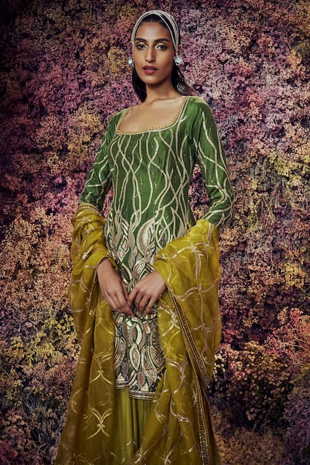 Shop_Shilpi Gupta_Green Tantra Embroidered Kurta Sharara Set _Online_at_Aza_Fashions