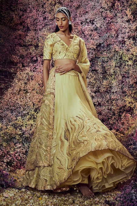 Shop_Shilpi Gupta_Yellow Lehenga Organza Embroidered Dori V Neck Shama Blouse Set _at_Aza_Fashions