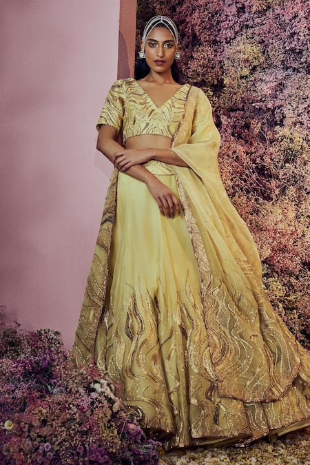 Buy_Shilpi Gupta_Yellow Lehenga Organza Embroidered Dori V Neck Shama Blouse Set _Online_at_Aza_Fashions