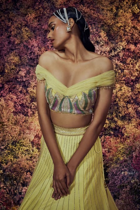 Shop Shilpi Gupta Yellow Lehenga Viscose Dupion Applique Embroidered Sequins Iktaara Blouse Set Online at Aza Fashions Shop_Shilpi Gupta_Yellow Lehenga Viscose Dupion Applique Embroidered Sequins Iktaara Blouse Set _Online_at_Aza_Fashions