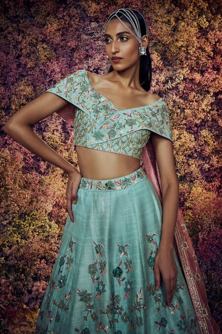 Buy Shilpi Gupta Blue Lehenga And Blouse Raw Foil Applique Embroidered Nirjhar Set Online at Aza Fashions Buy_Shilpi Gupta_Blue Lehenga And Blouse Raw Foil Applique Embroidered Nirjhar Set _Online_at_Aza_Fashions