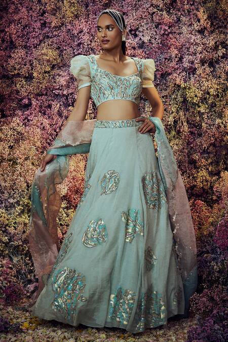 Shop_Shilpi Gupta_Blue Lehenga Chanderi Tissue Embroidered Dabka Round Guldaan Blouse Set _at_Aza_Fashions