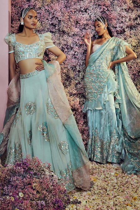 Buy_Shilpi Gupta_Blue Lehenga Chanderi Tissue Embroidered Dabka Round Guldaan Blouse Set _Online_at_Aza_Fashions