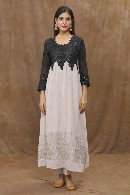 Adara Khan_Black Dupatta Net, Kurta Faux Color Block Embroidered Set_Online_at_Aza_Fashions