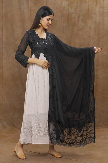 Buy_Adara Khan_Black Dupatta Net, Kurta Faux Color Block Embroidered Set_Online_at_Aza_Fashions